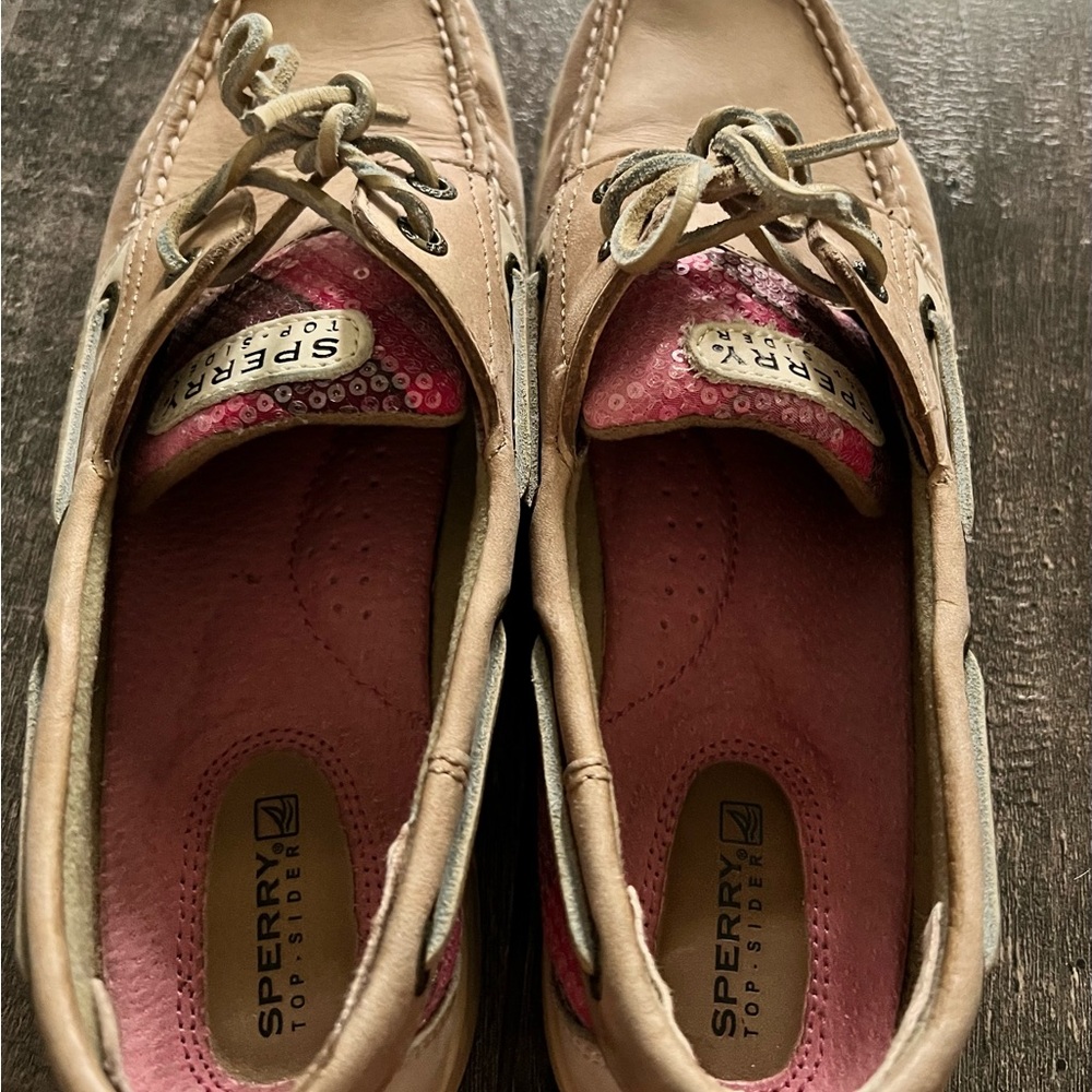 Sperry Tan and Pink Flats with Classic Loafer Design
